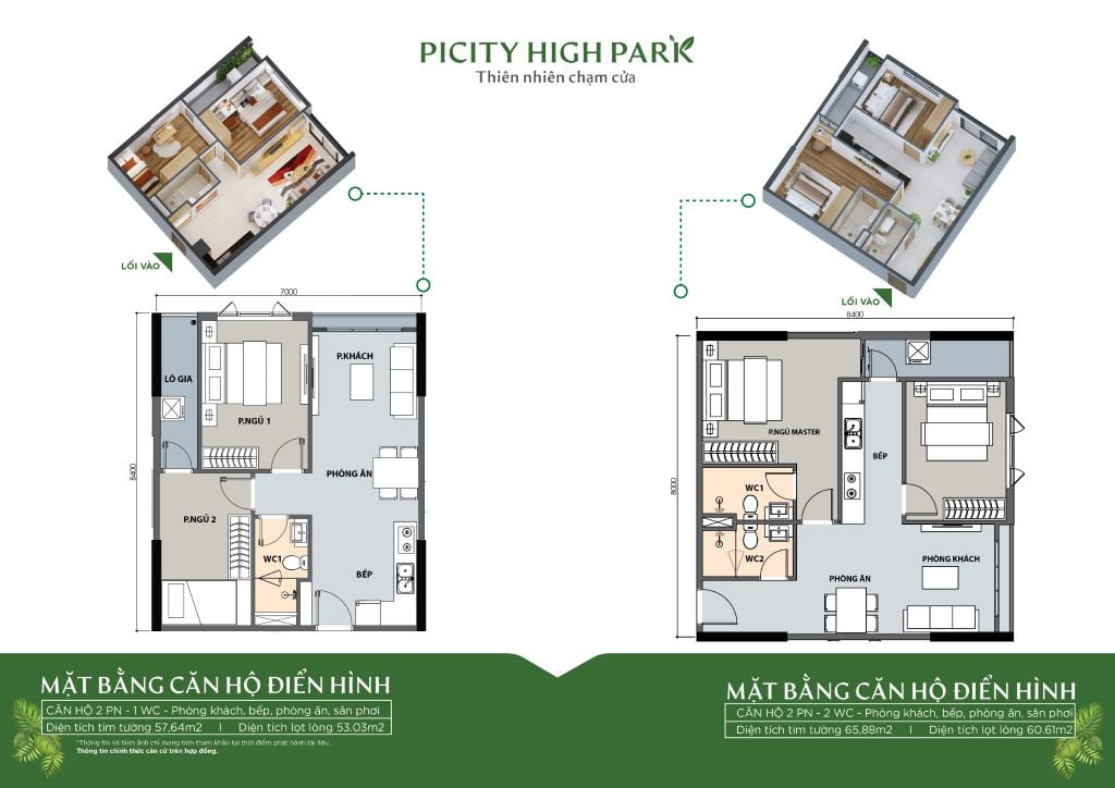 Thiết kế căn hộ 2 phòng ngủ 1wc dự án picity high park quận 12
